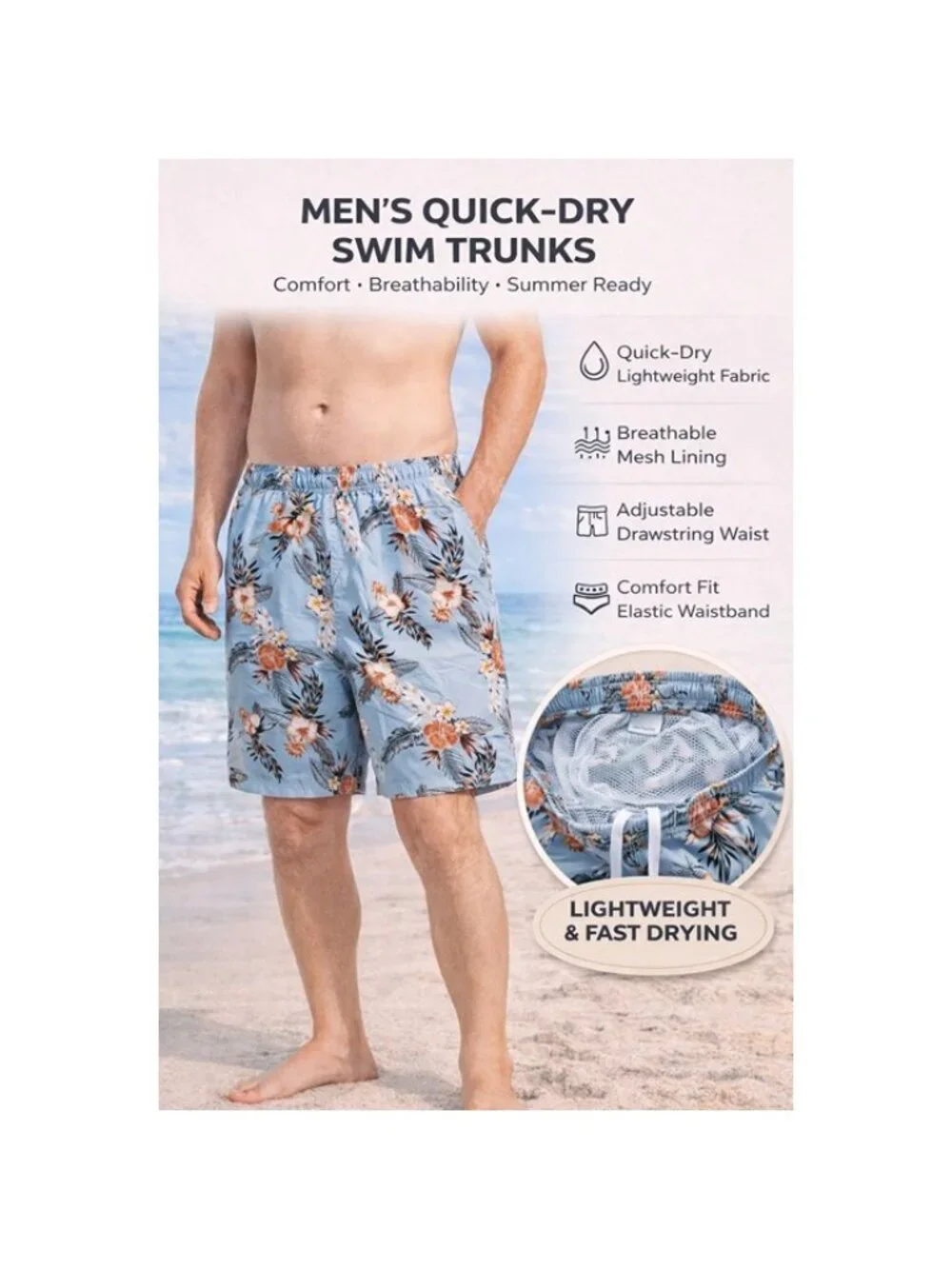 Men's Quick Dry Swim Trunks, Tropical Floral Pattern, P33 - Picture 3 of 4
